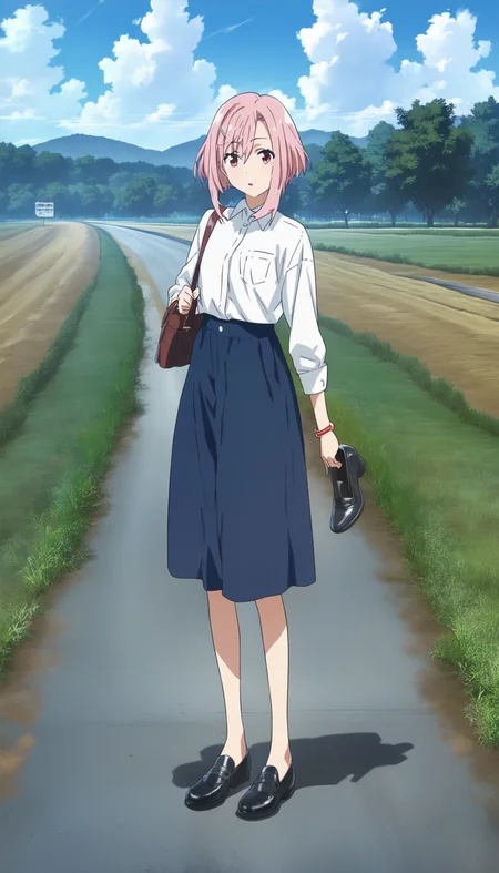 score_9,score_8_up,score_7_up,
<lora:yoshinokoharu:0.9>,yoshinokoharu,
1girl,solo,pink hair,short hair,bangs,red eyes,looking at viewer,parted lips,suit,dress shirt,holding a black shoe,black shoes,full body,standing,front view,outdoors,morning,summer,countryside,rolling hills,tree,road,poles,fields,blue sky,cloud,