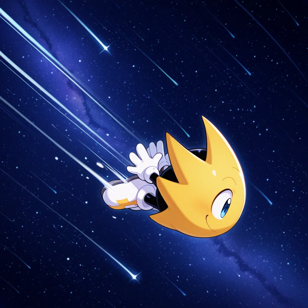 score_9, score_8_up, score_7_up, score_6_up,masterpiece,highly detailed,simple colors,1boy,ristar,white gloves, white shoes, white shoes with yellow lightning logo, flying, shooting star pose, stretchy arms, arms stretched out behind,stars,nightsky,milky way,yellow glow,motion lines,smiling,hands by feet