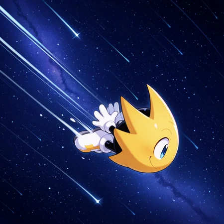 score_9, score_8_up, score_7_up, score_6_up,masterpiece,highly detailed,simple colors,1boy,ristar,white gloves, white shoes, white shoes with yellow lightning logo, flying, shooting star pose, stretchy arms, arms stretched out behind,stars,nightsky,milky way,yellow glow,motion lines,smiling,hands by feet