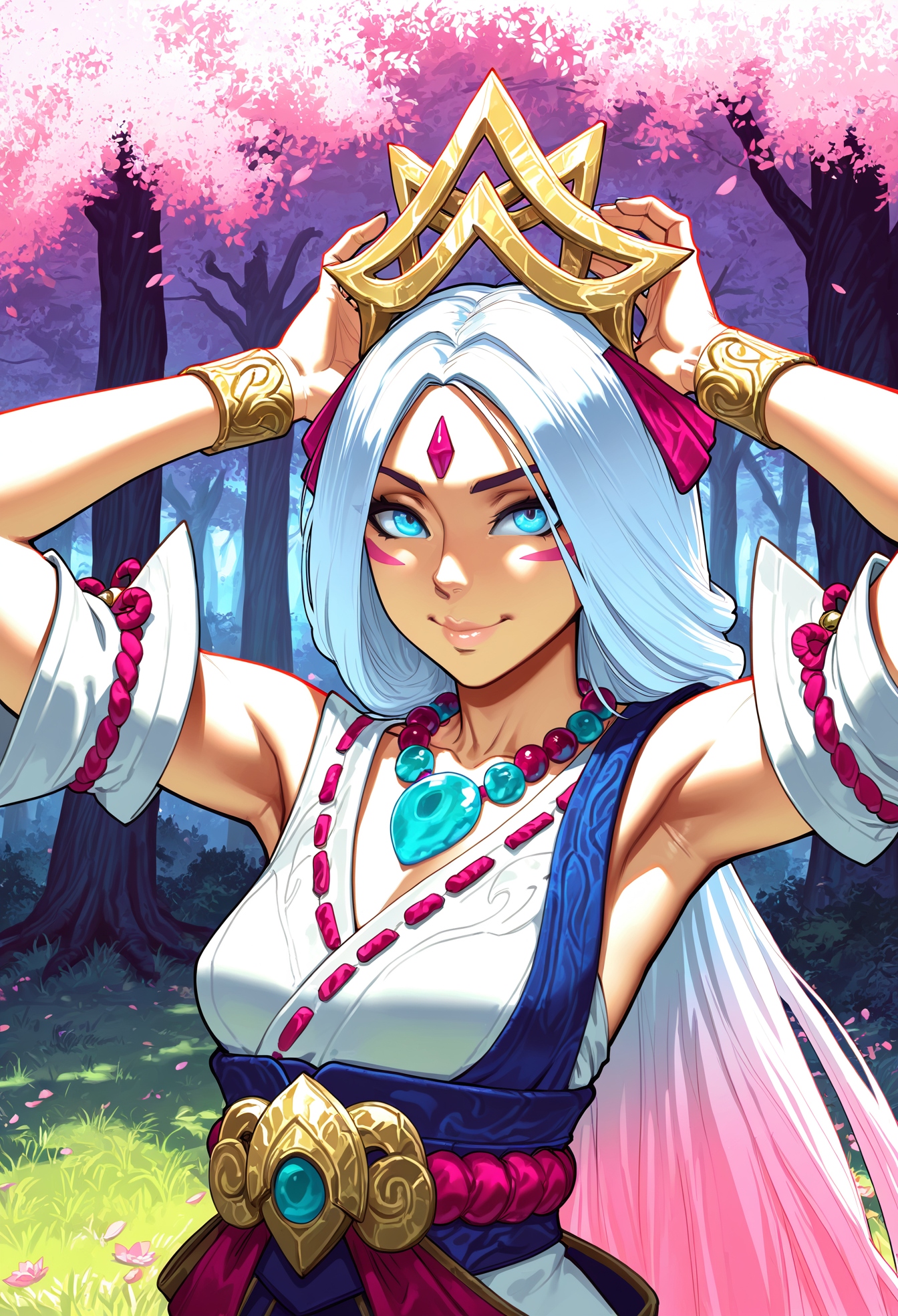 masterpiece, high quality, scenery, highres, absurdres, orgoglioso banane,
im \(legoman\),
butterchalk,  1girl,sba, blue eyes, looking at viewer, lips, smile,sba outfit, long hair, sagging breasts, medium breasts,   breasts,  bushes, grass, portrait, flowers,  standing,  bracelet, bare shoulders, detached sleeves,  hair ornament,  jewelry, very long hair, closed mouth, pink hair, white hair,necklace,   parted bangs, facial mark, beads, bead necklace,  grass,forest, sakura tree, sakura petals,  shade, dark,  dappled sunlight, arms up, armpits,