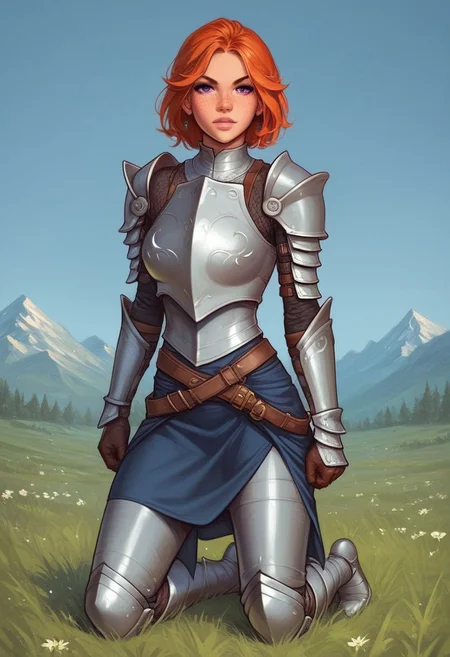 (adult woman), (1girl, company of heroes), (looking at viewer), ((knight, armor, skirt)), freckles, (orange hair, medium hair), (purple eyes), (best quality, high detail), ((masterpiece)), ((ready to fight, holdind big gladius in hands)), <lora:1_ino_20e:1>
BREAK
((field, mountains)) score_9, score_8_up, score_7_up, score_6_up, source_cartoon, rating_explicit, Expressiveh, (((((full body))))), dynamic pose