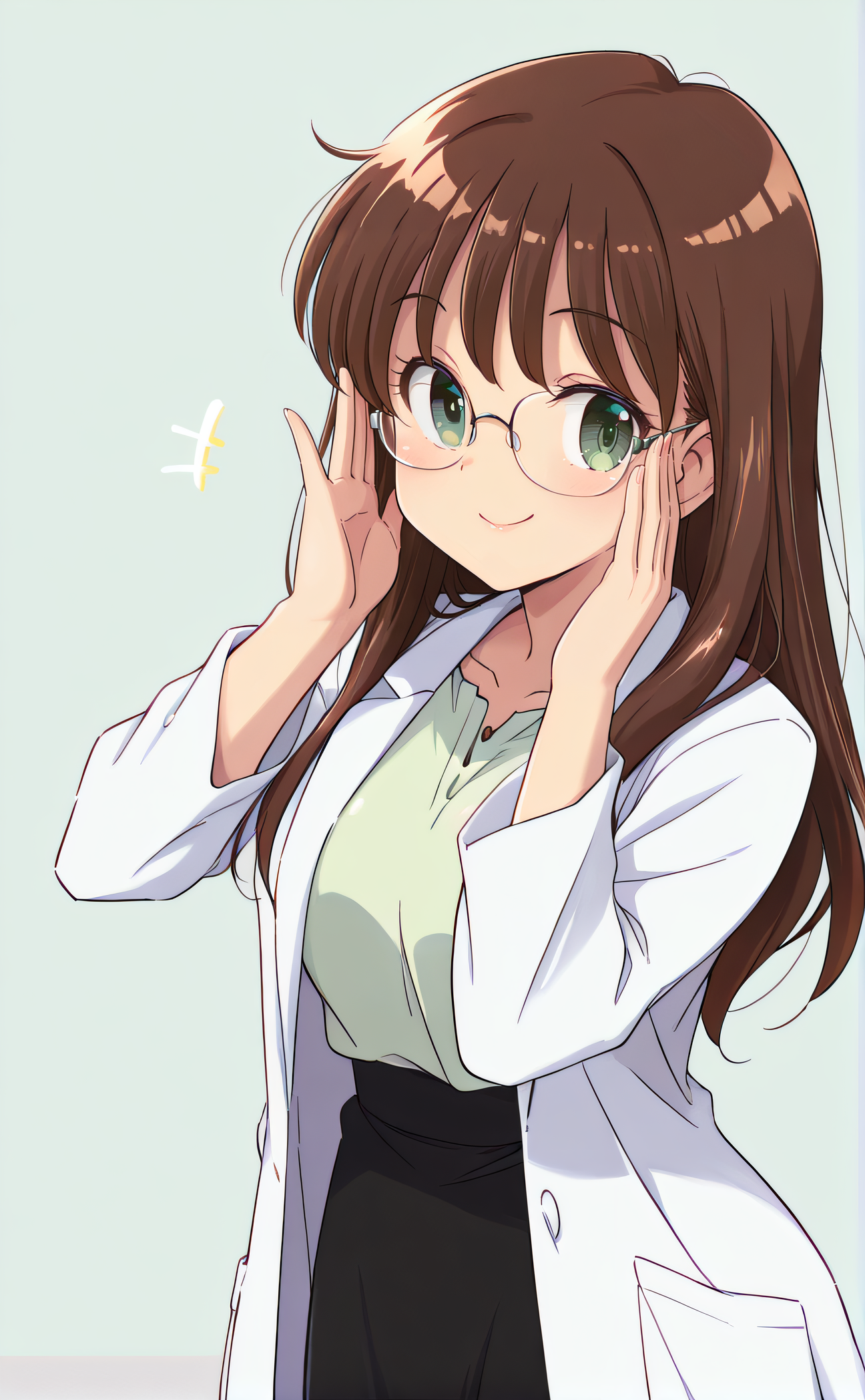 masterpiece, best quality, 1girl, solo, original artstyle, official artstyle, <lora:Chanatsu_Style:1>, chanatsustyle, brown hair, long hair, green eyes, lab coat, glasses, green shirt, long skirt, black skirt, looking at viewer, adjusting eyewear, smile, simple background
