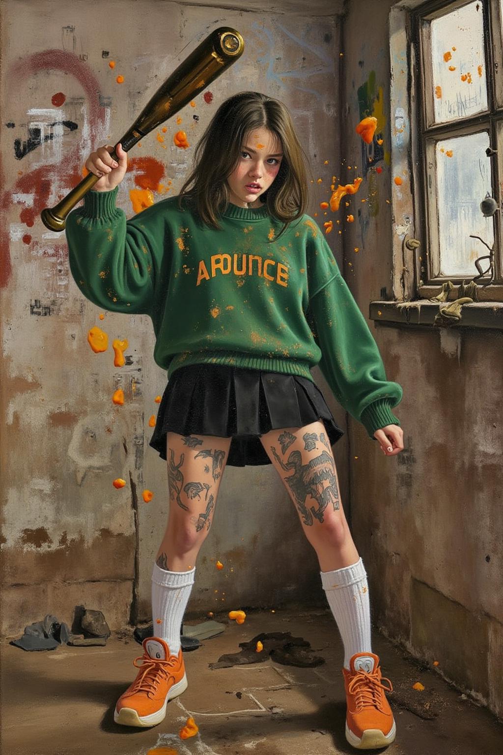 lauritsandersenring1 painting. liquid splash, juicy fruits chaos, dynamic pose, dynamic camera, a fashion shoot of a young woman threateningly holding a baseball bat in her hands, full body tattoo, wearing green short sweater, miniskirt, knee socks, orange sneakers, aggressive facial expression, wall with graffiti in the background, <lora:lauritsandersenring1_cap_d8a4e13:1.0><lora:857032076753413454:0>
