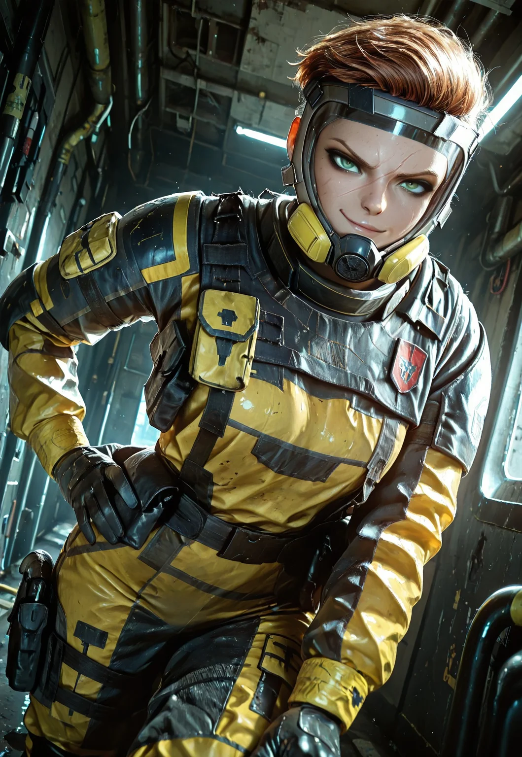 lazypos, masterpiece, best quality, dynamic angle, 1girl, solo, finkar6s, short hair, brown hair, facial scar, hazmat suit, face mask, green eyes, hand on hip, looking at viewer, smirk,