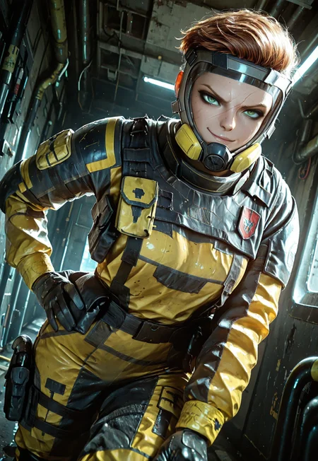 lazypos, masterpiece, best quality, dynamic angle, 1girl, solo, finkar6s, short hair, brown hair, facial scar, hazmat suit, face mask, green eyes, hand on hip, looking at viewer, smirk,