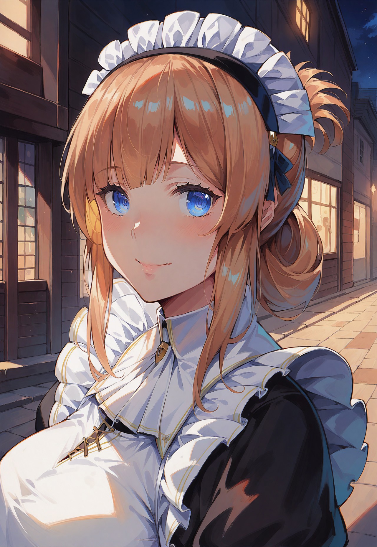score_9, score_8_up, score_7_up, score_6_up, source_anime, head close-up, mature, Risa, Noir maid outfit, maid headdress, smile, blush, looking at viewer, in a street full of wooden buildings, at dim and dark night, colorful
