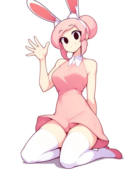 score_9, score_8_up, score_7_up, solo, 1girl, woman, fiz (/fizintine)/, pink hair, hair bun, bunny ears, smile, on knees, white thighhighs, pink dress, sleeveless dress, waving, white background, looking at viewer, dynamic angle, black eyes, by fizintine, <lora:Fizintine_Art_Style_Pony_DIffusion:1>