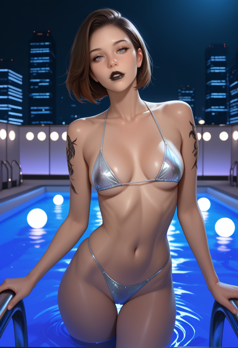 best quality,absurdres,very detailed,realistic,dramatic lighting,
Tuul1 woman,tuul1 makeup,parted lips,
black sexy tattoos,
white glitter string bikini,high waist,
from front,thigh gap,
standing,in pool,lower body in water,sexy pose,aloof,
looking at viewer,perfect hands,
night,skyscraper rooftop,infiniti pool,bokeh