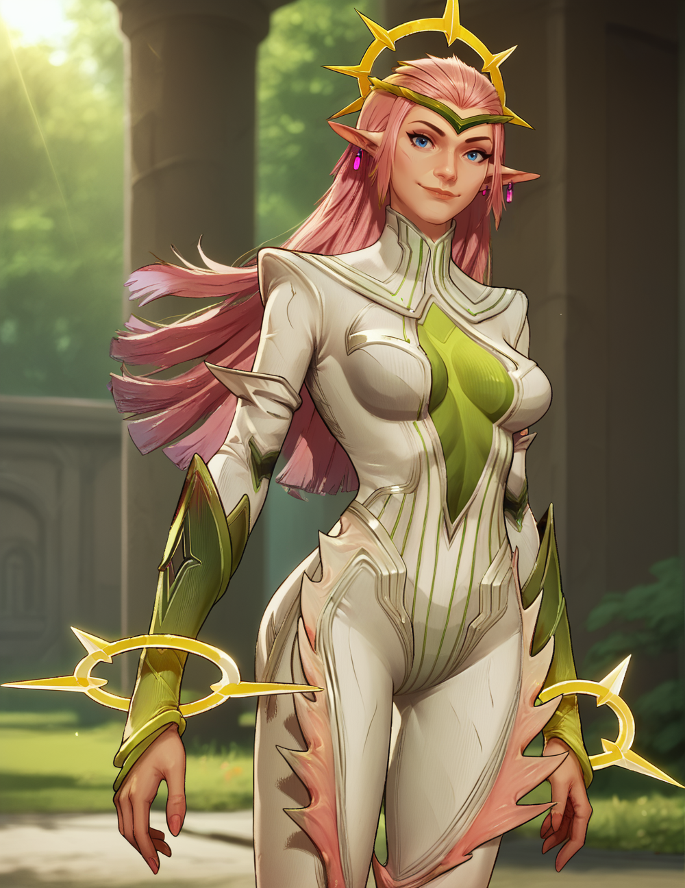 score_9, score_8_up, score_7_up, score_6_up, 1girl, <lora:Dagg3rGrowth:0.92> Dagg3rGrowth, 2d, masterpiece, detailed, bodysuit, pink hair, long hair, circlet, pink thigh fins, bracelets, green high heels, boots, bracelets, breasts, pointy ears, (two purple earrings), blue eyes, nose, depth of field, blurry background, flowing hair, epic composition, volumetric fog, angle, dynamic shot, head tilt, looking at viewer, forest, outdoors, nature, tree, sunlight, sun rays, cowboy shot, smile