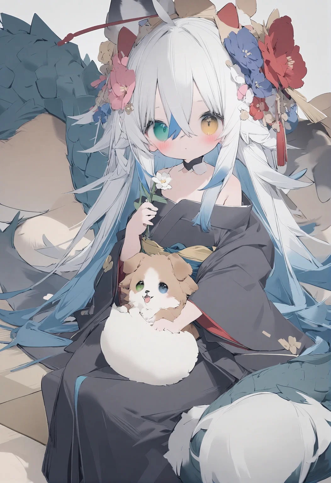 1girl,
nanmokaken,
bare shoulders, tail, horns, very long hair, holding, hair between eyes, long sleeves, long hair, blush, heterochromia, wide sleeves, holding flower, red hair, off shoulder, animal, sitting, hair ornament, yellow eyes, holding animal, green eyes, multicolored hair, white hair, solo, hair flower, dog, blue hair, flower, looking at viewer, japanese clothes, dragon tail, black kimono, kimono,
masterpiece, best quality, newest, safe
<lora:nanmokaken_image36_2024-03-28_a31-000045:1>