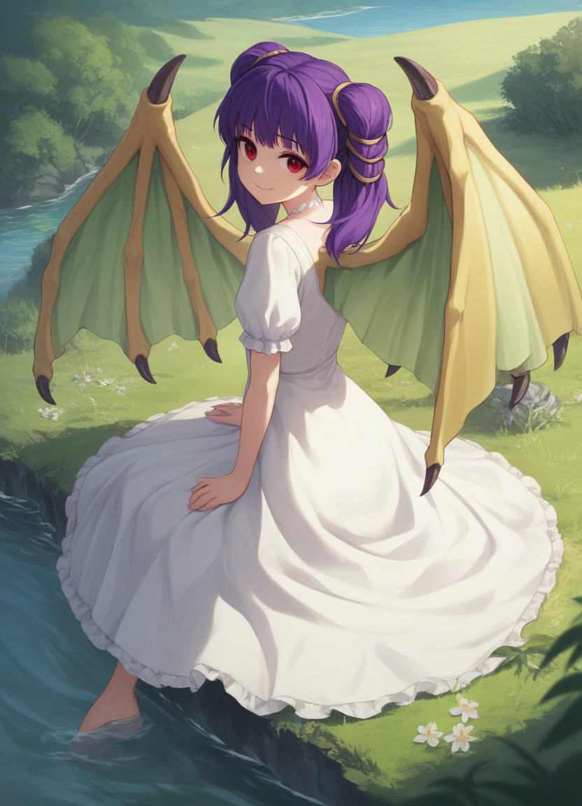 source_anime, score_9, score_8_up, score_7_up, score_6_up, score_5_up, score_4_up, 
1girl, solo, looking at viewer, smile, red eyes, dress, twintails, sitting, closed mouth, purple hair, outdoors, wings, looking back, white dress, ocean, dragon wings, multi-tied hair,
<lora:myrrhXL:1>
