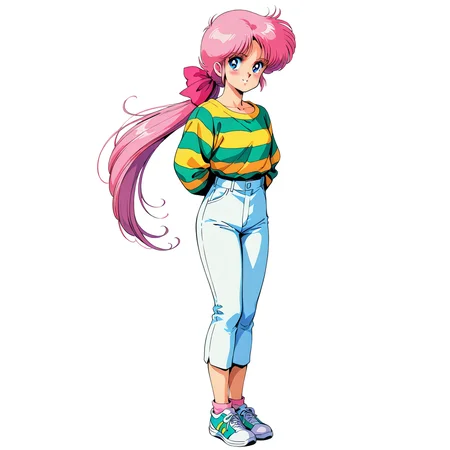 [generated by waiNSFW_v120:100]
anime coloring,  4K, BREAK
<lora:elaine-IL_v1:0.7>elaine, 1girl, bangs, solo, 1980s(style), retro art style,
purple pink hair, low ponytail, very long hair, pink hair ribbon, BREAK
blue eyes,  BREAK
striped shirts,  white capri pants,
shoes,
blush
standing,
no background, white background,
beautiful face, best quality,