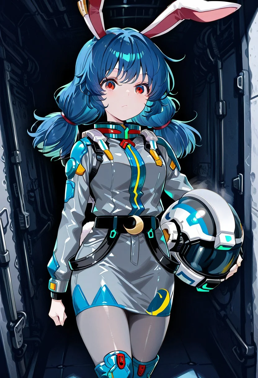 solo, 1girl, seiran, red eyes, blue hair, long hair, low twintails, rabbit ears, rabbit tail, seiran \(thought investigator of the capital\), alternate costume, earclip, crescent, spacesuit, grey suit, long sleeves, belt, grey skirt, pencil skirt, grey pantyhose, blue boots, holding helmet,
masterpiece,