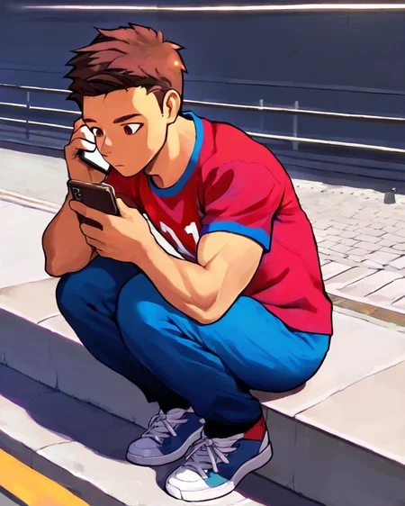 masterpiece, best quality, amazing quality, 1boy, solo, masterpiece, best quality, Brown Hair, Brown Eyes, red t-shirt, blue raglan sleeves, number 11 on shirt, blue pants, sneakers, squatting, on roof ledge, perching, smartphone, on phone, volumetric lighting, breeze style, muscular man, <lora:BreeStyleWv1:1>