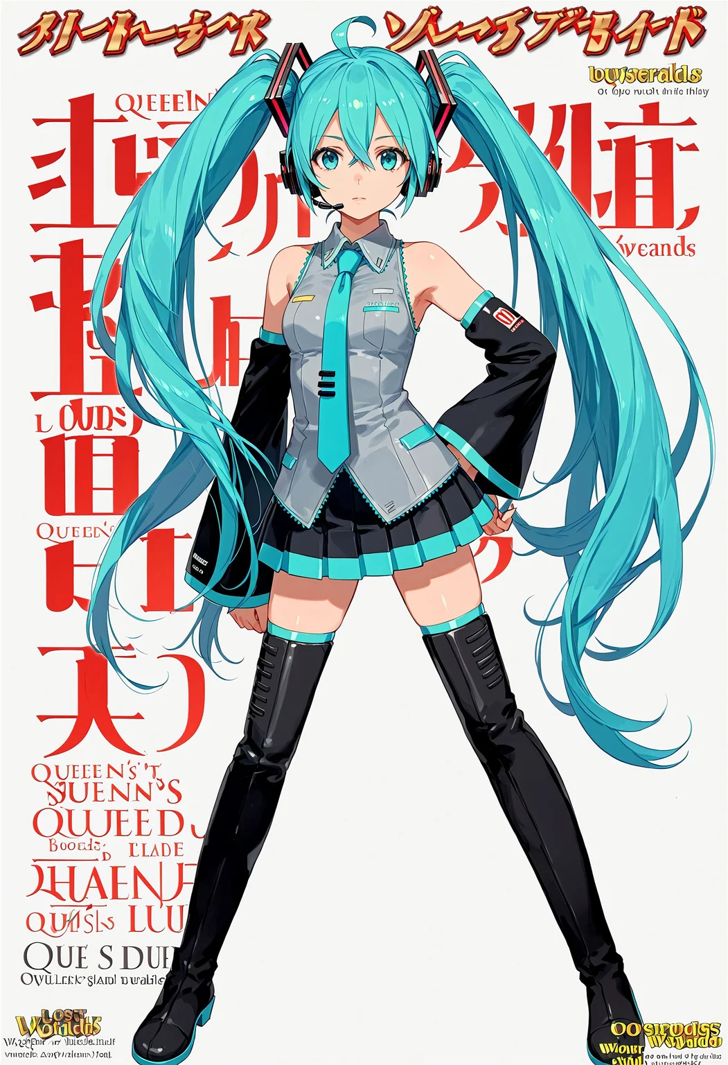 <lora:1_QB_Title_PONY_V1:1>(qb_title:1.2), (Title logo:1.2), Title Text, cover, zoom layer, Multi-layer, character name, author name, copyright name, watermark, simple background, white background, book cover, game cover,
1girl, solo, (full body), long shot, afterimage, look at viewer,
weapon, armor,
mikuhatsune, miku hatsune, ahoge, aqua eyes, aqua hair, crossed bangs, hair between eyes, hair ornament, headphones, long hair, twintails, mature female,
aqua necktie, black footwear, black skirt, black sleeves, boots, collared shirt, detached sleeves, grey shirt, necktie, pleated skirt, shirt, skirt, sleeveless, sleeveless shirt, thigh boots, tie clip,
(nsfw:1), (Uncensored:1), score_9, score_8_up, score_7_up, score_6_up, score_5_up, score_4_up,