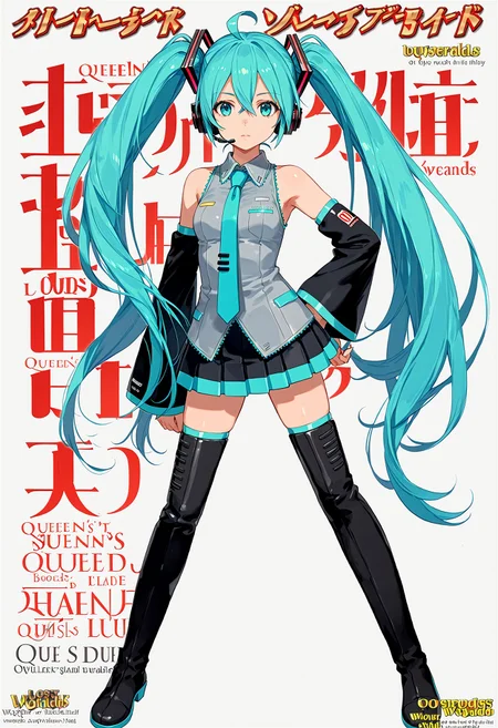 <lora:1_QB_Title_PONY_V1:1>(qb_title:1.2), (Title logo:1.2), Title Text, cover, zoom layer, Multi-layer, character name, author name, copyright name, watermark, simple background, white background, book cover, game cover,
1girl, solo, (full body), long shot, afterimage, look at viewer,
weapon, armor,
mikuhatsune, miku hatsune, ahoge, aqua eyes, aqua hair, crossed bangs, hair between eyes, hair ornament, headphones, long hair, twintails, mature female,
aqua necktie, black footwear, black skirt, black sleeves, boots, collared shirt, detached sleeves, grey shirt, necktie, pleated skirt, shirt, skirt, sleeveless, sleeveless shirt, thigh boots, tie clip,
(nsfw:1), (Uncensored:1), score_9, score_8_up, score_7_up, score_6_up, score_5_up, score_4_up,