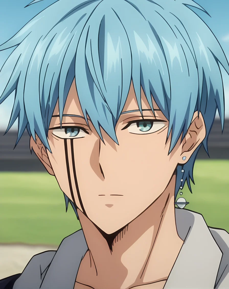 score_9, score_8_up, score_7_up, original style, source_anime, anime screencap, BREAK, depth of field, ((1boy, solo, male only, male focus, face focus)), (crown_lance, blue eyes, blue hair, short hair, bangs, hair between eyes, adult, facial tattoo, single earring), happy, looking at viewer, facing viewer, collarbone, outdoors, <lora:Crown_Lance__Mashle:1>
