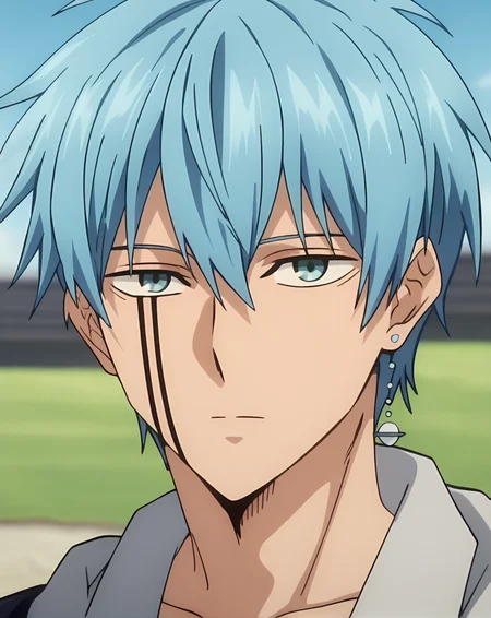score_9, score_8_up, score_7_up, original style, source_anime, anime screencap, BREAK, depth of field, ((1boy, solo, male only, male focus, face focus)), (crown_lance, blue eyes, blue hair, short hair, bangs, hair between eyes, adult, facial tattoo, single earring), happy, looking at viewer, facing viewer, collarbone, outdoors, <lora:Crown_Lance__Mashle:1>