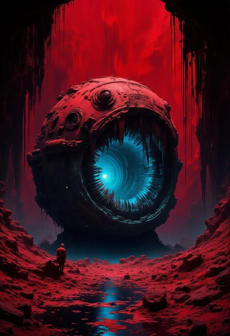 abstract photorealistic ink image in red, black and blue, 
In the darkest depths of the Hollow Below, a monstrous, worm-like creature known as the Devourer tunnels through the earth. Its massive, segmented body glows with pulsing blue light, and its many mouths are filled with razor-sharp teeth. The ground trembles as it moves, and the cavern walls are lined with glowing crystals that flicker in time with the creature's movements., 
In the style of grainy 80s VHS dark fantasy horror, vintage Halloween, autumn harvest tones, occult mysticism, gritty animatronics, with Sean Äaberg's psychedelic grotesque flair, evoking eerie, grainy VHS footage