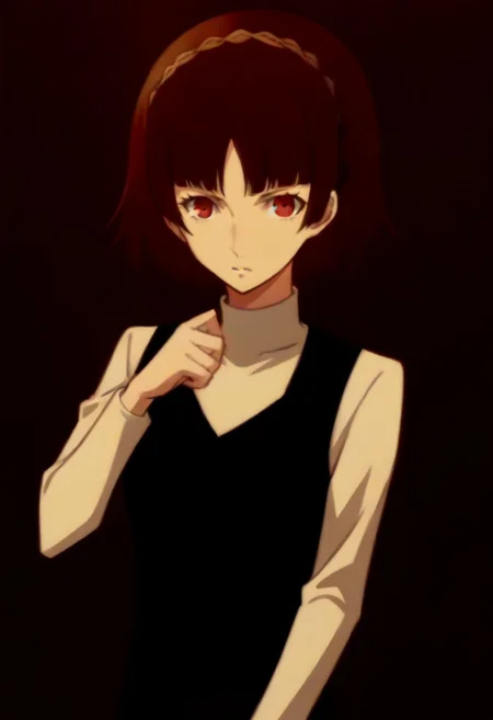 (source_anime), 1 girl, solo, nsfw, aged up, defMako, p5makoto, niijima makoto, short hair, bangs, brown hair, long sleeves, uniform, pantyhose, pleated skirt, turtleneck, plaid skirt,crown braid,uniform, black vest,