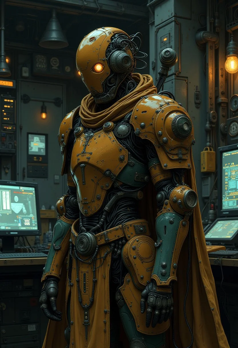 A stylised robot in armour with a cloak stands in a dark room an and looks at the viewer, equipment in the background, security screens, yberpunk styling, African tribal elements