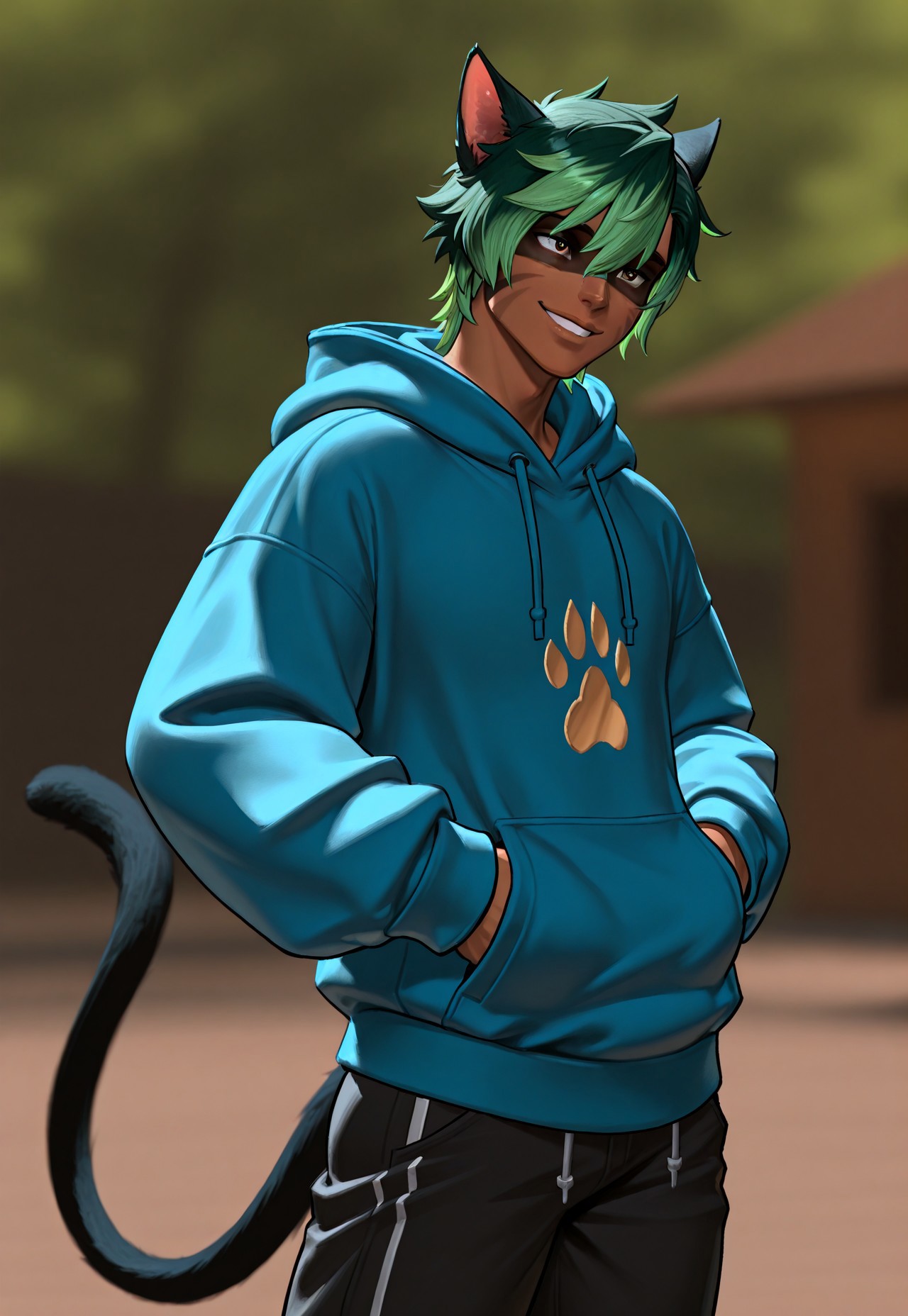 masterpiece, very aesthetic, KrhisT1A, 1boy, male focus, solo, animal ears, hoodie, green hair, hood, tail, dark-skinned male, pants, dark skin, depth of field, blue hoodie, short hair, cat boy, black pants, cat ears, blurry background, cat tail, smile, facepaint