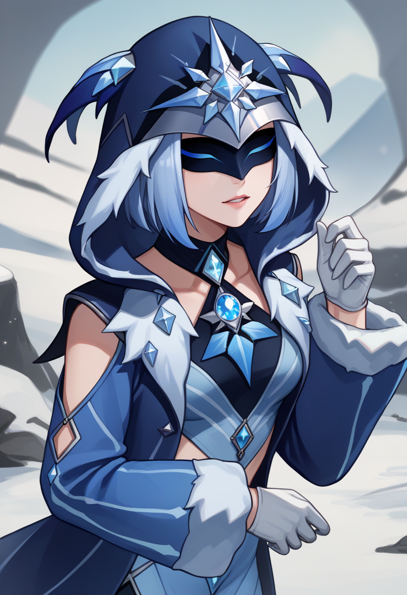 score_9, score_8_up, score_7_up, source_anime BREAK 1girl, solo, <lora:cryocicin-gi-richy-v1_pdxl:1> cryocicin, blue hair, eye mask, hood, hooded cloak, blue dress, halterneck, fur trim, long sleeves, white gloves, diamond \(gemstone\), parted lips, looking at viewer, tundra, outdoors, fantasy