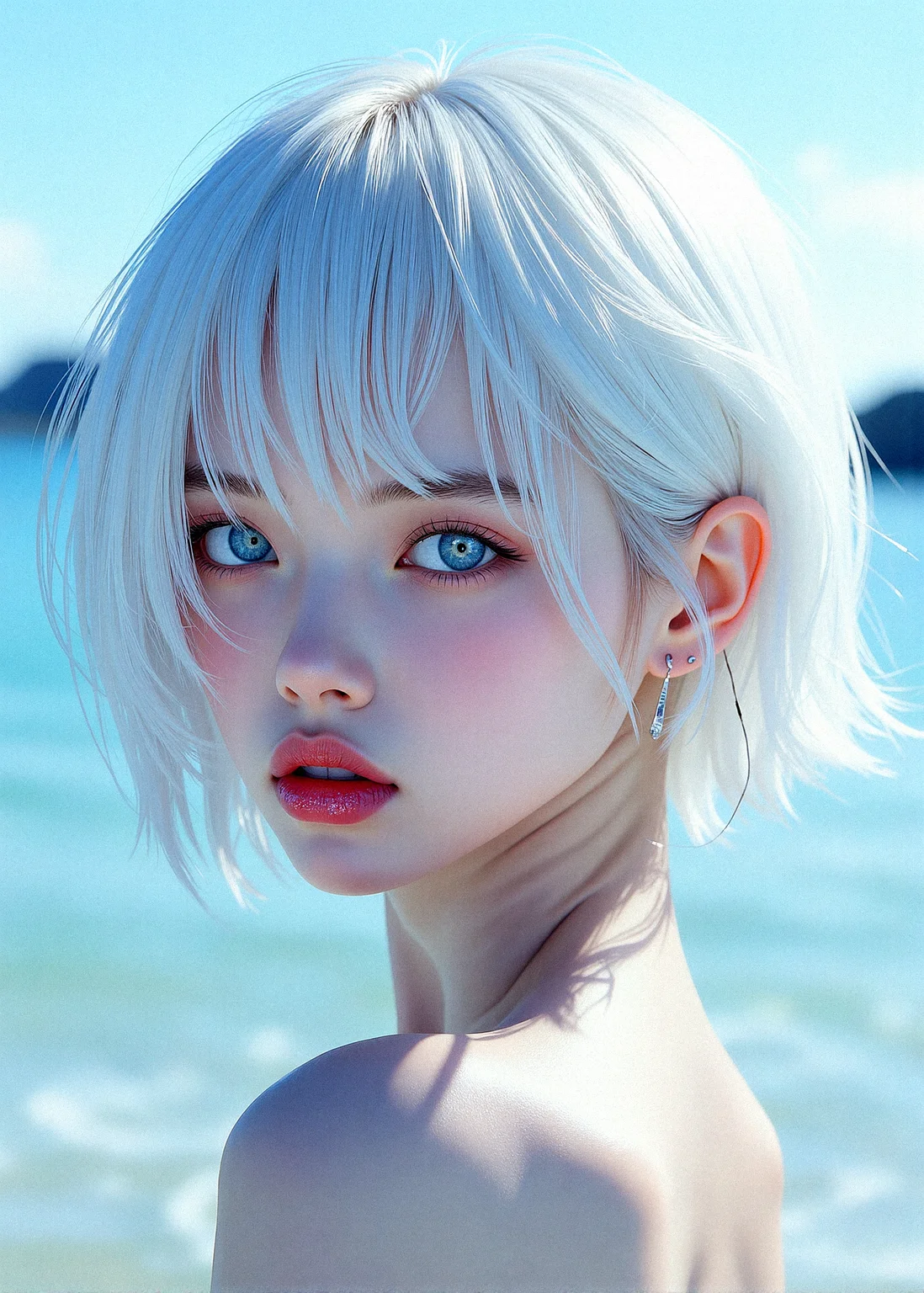A hyper-realistic close-up of a short haired woman with icy white hair with hair over one eye, and pale, flawless skin. Her eyes are bright light blue, almost glowing, with digital patterns reflecting in them. Her lips are a glittering light pink, glossy and perfectly shaped. The background is an abstract, digital landscape, with soft gradients and blurred shapes, creating a dreamy, otherworldly atmosphere.
semi-transparent fabric layers that cling to the skin, creating a subtle, alluring effect with the water enhancing the texture and Soft, Flowing Skirt
realistic shine to the hair, with soft highlights following the natural flow and texture. Add subtle variations in color and thickness for a more dynamic look. soft, glossy texture to the lips, with realistic reflections and subtle texturing to emphasize the natural folds and curves.
intricate details to the eyes, with a reflective, slightly glossy sclera and subtle shading to create depth. a delicate eyeliner with a soft wing, blending gently into the lash line to enhance the eyes without overpowering the natural beauty.
One hand resting lightly on her shoulder, eyes looking off to the side thoughtfully while her lips tightly closed
