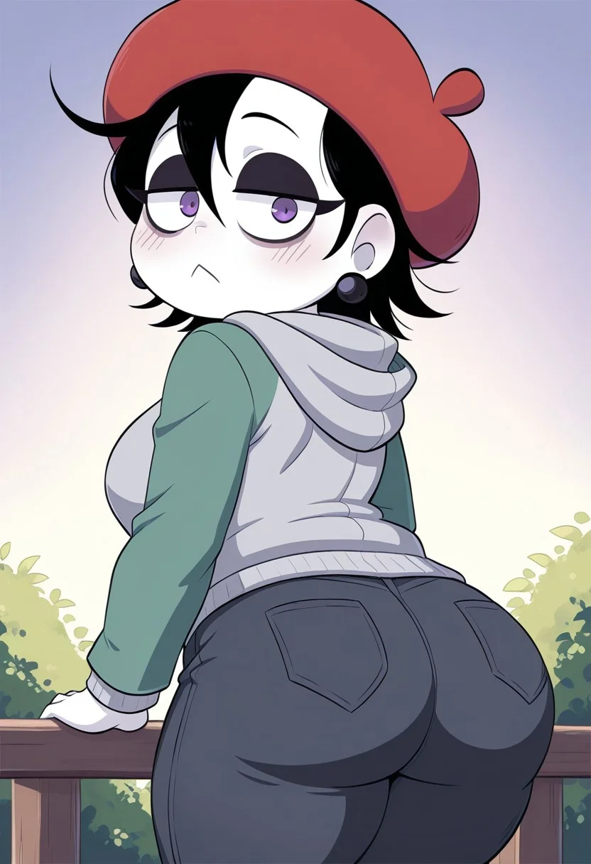 masterpiece, best quality, 1girl, solo, edgeleine_KG, white skin, purple eyes, messy hair, short hair, black hair, eyelashes, bags under eyes, black eyeshadow, red beret, earrings, green coat, grey hoodie, black ripped jeans, cute face, blush, looking back at viewer, confused, :<, shortstack, breasts, outdoors, rear view, ass focus