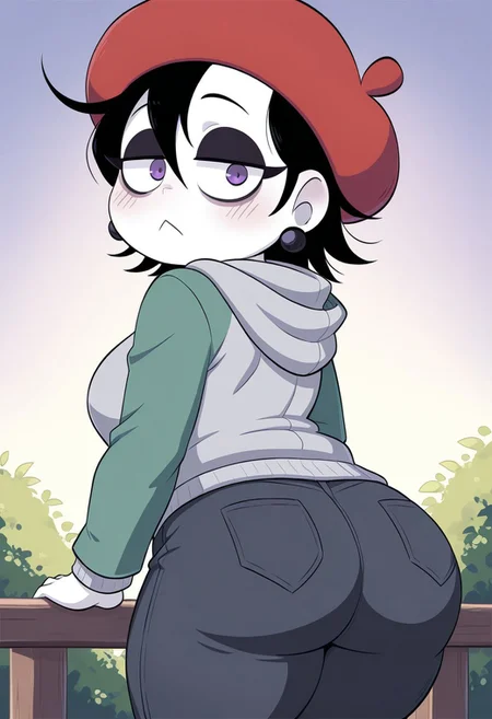 masterpiece, best quality, 1girl, solo, edgeleine_KG, white skin, purple eyes, messy hair, short hair, black hair, eyelashes, bags under eyes, black eyeshadow, red beret, earrings, green coat, grey hoodie, black ripped jeans, cute face, blush, looking back at viewer, confused, :<, shortstack, breasts, outdoors, rear view, ass focus