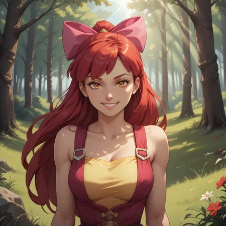 score_9, score_8, BREAK, solo, Apple Bloom, Red Hair, Pink Bow in hair, orange eyes, yellow skin, colored skin, adult female, mature female, breasts, sexy pose, self portrait, smile, outdoors, sunlight, shadows, evening lighting, natural lighting, forest, trees, grass, orange sky, sunset