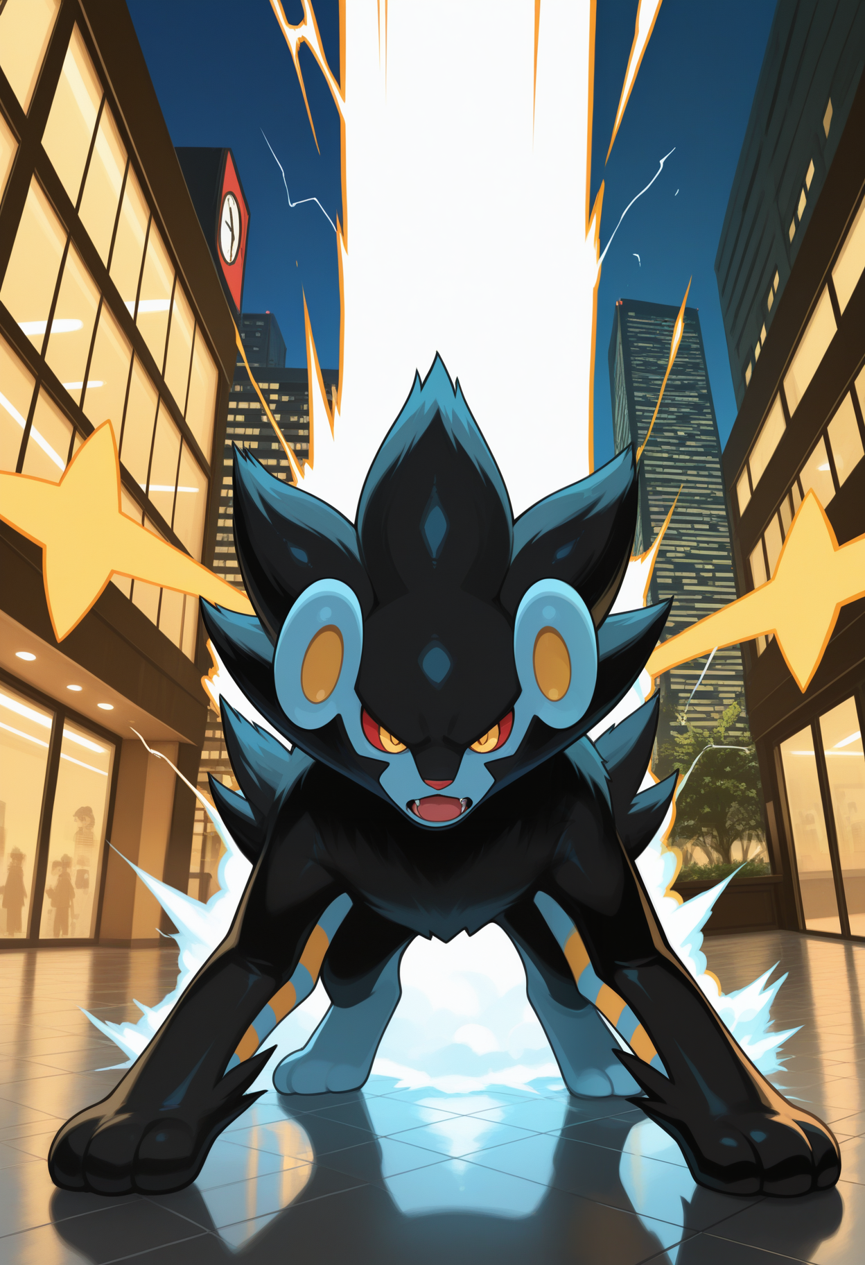 masterpiece,best quality,amazing quality, 1boy, solo, luxr4y, pokemon (creature), attack, inside, building,