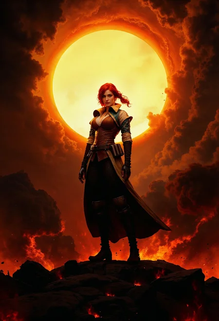 TrissM, Highly detailed and dramatic digital artwork featuring a female standing against a dramatic backdrop of a fiery, glowing sun. The girl is dressed in brown leather corset, exuding a sense of mystery. A tied red hair with side bangs billows in the wind, blending with the swirling flames and smoke. The sun, positioned directly behind the girl, casts an intense, radiant light, creating a halo effect. The sky is filled with dark, ominous clouds, enhancing the dramatic and otherworldly atmosphere. The ground is rocky and charred, suggesting a volcanic or apocalyptic setting. The overall composition is centered, with the figure dominating the foreground, while the vibrant, fiery sun provides a striking contrast to the dark tones of the girl and landscape. <lora:FluxMythP0rtr4itStyle:0.6> <lora:flux.1_lora_flyway_Epic-Characters_v1:0.6> <lora:Elden_Ring_-_Yoshitaka_Amano:0.33>
<lora:FluxTrissMV1:0.8>