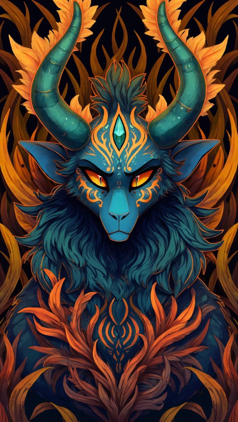 <lora:ck-LttleGhost-000011.safetensors:1> in the style of ck-lttlegh0stA majestic horned creature with deep blue skin adorned in intricate, vibrant orange and turquoise tribal designs, set against a backdrop of swirling earthy-toned plant patterns. Its expressive, serene gaze is mesmerizing, as if radiating an otherworldly energy.