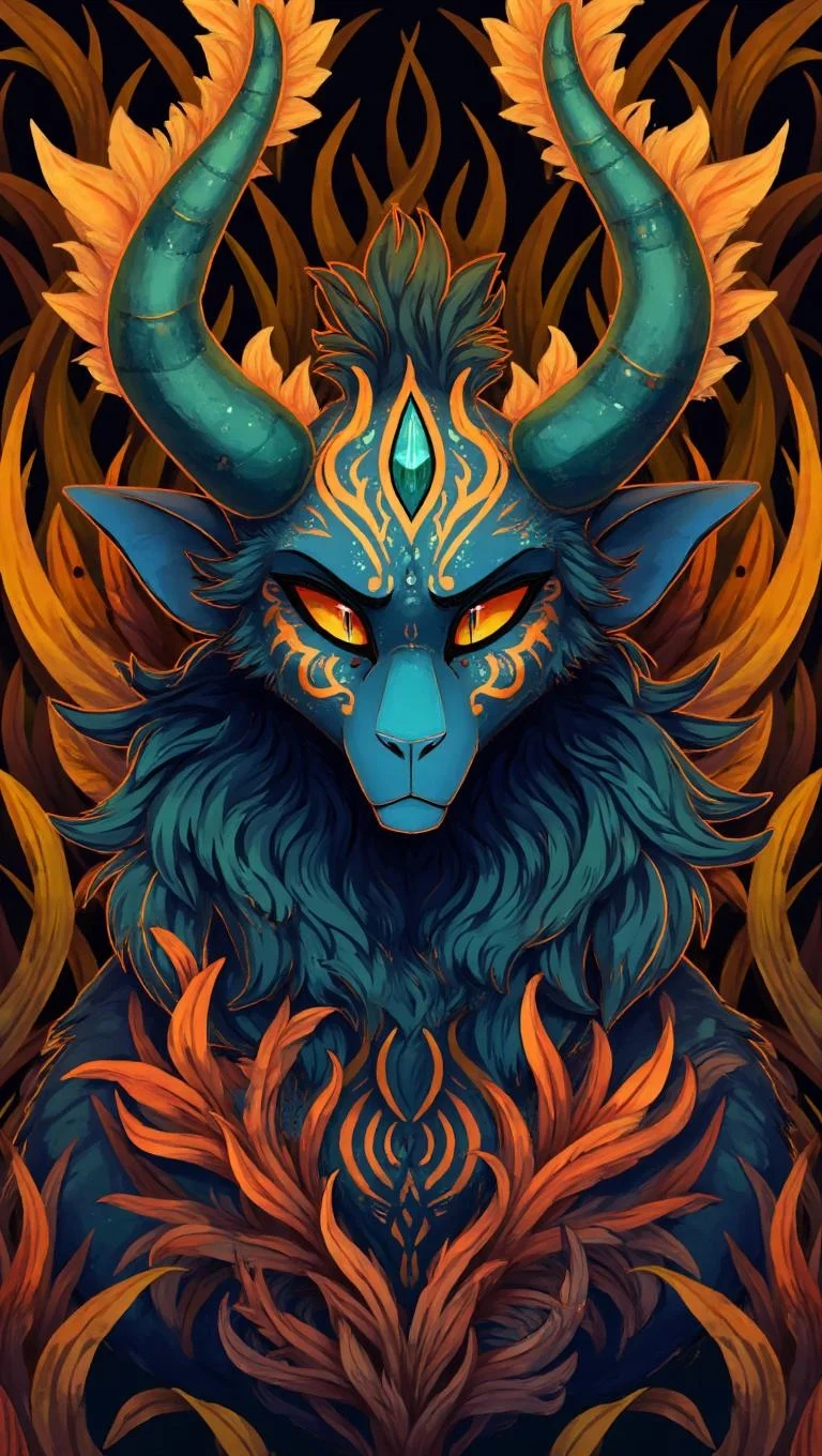 <lora:ck-LttleGhost-000011.safetensors:1> in the style of ck-lttlegh0stA majestic horned creature with deep blue skin adorned in intricate, vibrant orange and turquoise tribal designs, set against a backdrop of swirling earthy-toned plant patterns. Its expressive, serene gaze is mesmerizing, as if radiating an otherworldly energy.