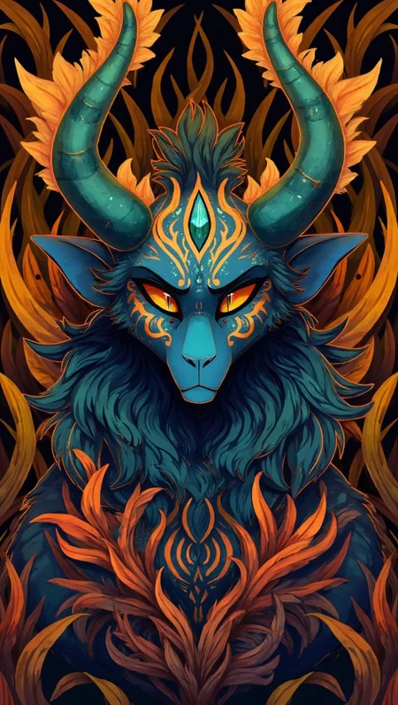 <lora:ck-LttleGhost-000011.safetensors:1> in the style of ck-lttlegh0stA majestic horned creature with deep blue skin adorned in intricate, vibrant orange and turquoise tribal designs, set against a backdrop of swirling earthy-toned plant patterns. Its expressive, serene gaze is mesmerizing, as if radiating an otherworldly energy.