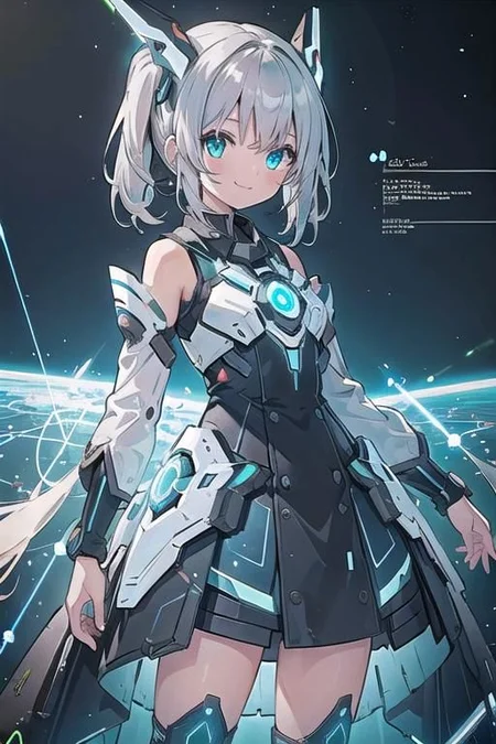 (masterpiece), (science fiction:1.4), 1girl, standing, smile, silver hair, aqua eyes, headgear, long sleeves, detached sleeves, glowing energy clothing, light particles