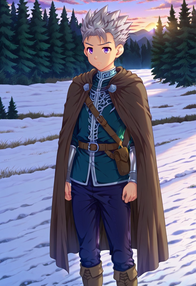 shizuki_takeyo, grey hair, light purple eyes, short hair, spiked hair, 1boy, solo, male focus, wearing intricate Scandinavian royal medieval outfit, noble and elegant, long cloak with silver embroidery, leather belts and armor accents, standing in a misty Nordic forest, soft snow on the ground, twilight sky, ancient runestones nearby, cinematic lighting, detailed background, fantasy style, high quality,