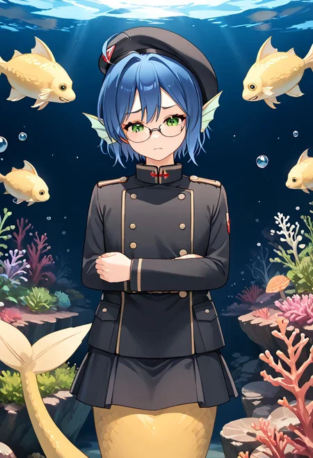 score_9, score_8_up, score_7_up, score_6_up, high resolution, gorgeous, absurdres, best quality, score_anime, anime screencap, expressiveh, shiki 1_style, 1boy, Jacques Marsielle, Blue hair, green eyes, glasses, short hair, ahoge, merman, mermaid tail, head fins, yellow tail, monster boy, military uniform, beret, skirt, scales, underwater, coral reef, embarrased, solo