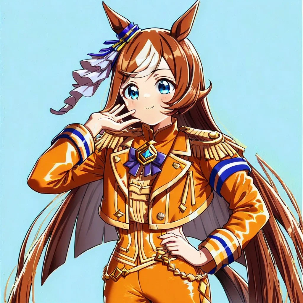 (durandal (umamusume), 1girl ,orange peel clothes), cute face, big sword, yellow_jacket, pants, epaulettes, cropped_jacket, red_jacket, horse_girl, ear_ornament, long_sleeves,frills,