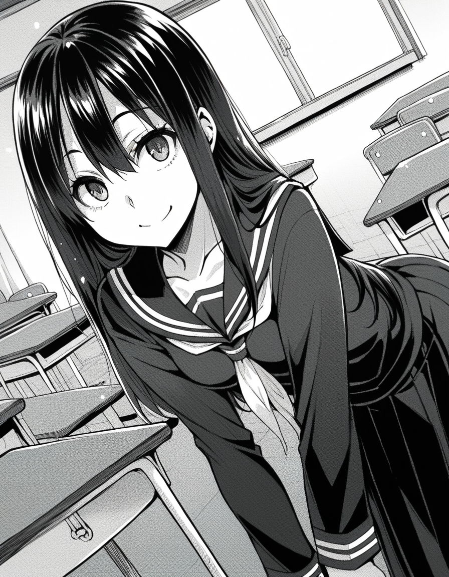 score_9, score_8_up, score_7_up, source_anime,
sakiyoshida, <lora:saki-yoshida-manga-ponyxl-lora-nochekaiser:1>,
saki yoshida, long hair, hair between eyes, monochrome, greyscale,
black hair, skirt, pleated skirt, serafuku, shirt, long sleeves, long skirt, sailor collar, neckerchief, black shirt,
indoors, classroom, bent over, smile,
looking at viewer, solo, dutch angle, cowboy shot,