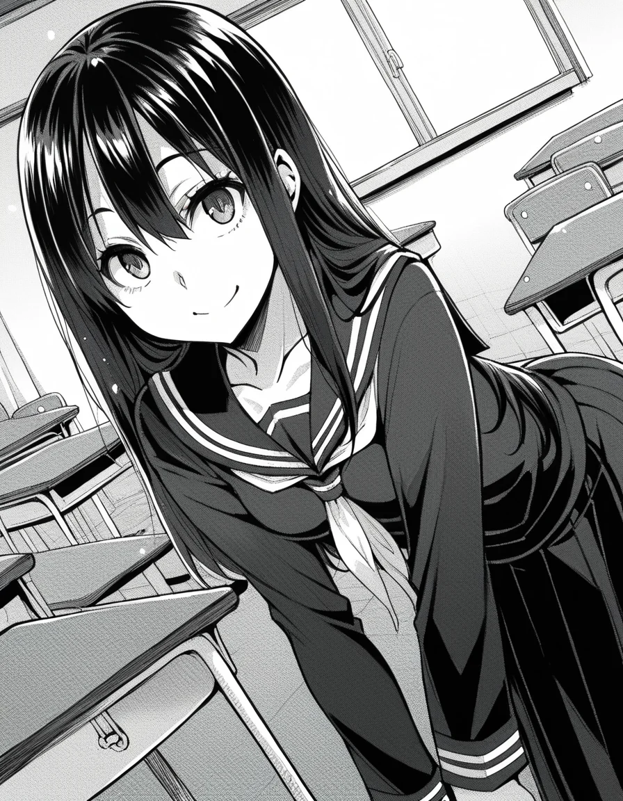 score_9, score_8_up, score_7_up, source_anime,
sakiyoshida, <lora:saki-yoshida-manga-ponyxl-lora-nochekaiser:1>,
saki yoshida, long hair, hair between eyes, monochrome, greyscale,
black hair, skirt, pleated skirt, serafuku, shirt, long sleeves, long skirt, sailor collar, neckerchief, black shirt,
indoors, classroom, bent over, smile,
looking at viewer, solo, dutch angle, cowboy shot,