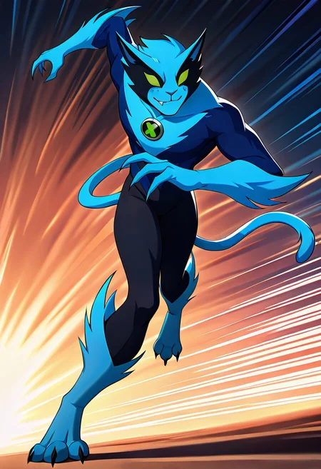 masterpiece, best quality, amazing quality, very aesthetic, absurdres, newest,, detailed background, 
digitigrade legs, 
fastrack, solo, blue skin, green eyes,  claws, green badge, fang,, feline tail,  wide jaw, masculine, blue chest,
speed patterns, running trhough city, fast motion, smile
