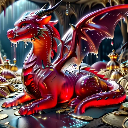 1dragon, highly detailed black  dragon, black dragon made out of slime, scaly black slime dragon, slime dragon with red eyes, black slime dragon laying in its hoard, black slime dragon with wings, dragon wings, detailed claws, detailed feet, detailed tail,
multi-colored gems made out of slime, in a room of treasure made out of slime, tiny gold coins and bars made out of slime, piles of tiny coins, piles of tiny gold slime coins, piles of gold slime, tiny gold slime coins, only tiny coins, translucent slime coins, 
treasure-room, treasure, gemstone, coins, gold bars, gold pile, 
everything made of slime, No simple background,
((translucent slime)), ((transparent slime)), (bioluminescent slime), sl1m3, slime, ais-blmn, watce, je11y, thickwater, great lighting, ral-lava, even lighting, no bright spots, saturated colors,