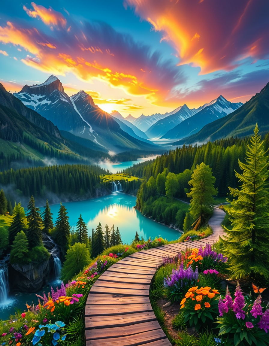 A breathtaking, high-resolution photograph of the most beautiful place on Earth, where natureâs wonders blend in perfect harmony. Towering, snow-capped mountains rise majestically in the background, their peaks glowing under the golden hues of a setting sun. Below, a crystal-clear turquoise lake reflects the colors of the sky, surrounded by lush, green forests filled with ancient trees, vibrant wildflowers, and cascading waterfalls. A soft mist rises from the valley, adding a dreamlike quality to the scene. In the distance, rolling meadows stretch toward the horizon, dotted with colorful flowers and serene wildlifeâgraceful deer grazing, birds soaring in the sky, and butterflies dancing in the breeze. A wooden footpath winds through the landscape, leading to a secluded, tranquil spot where the beauty of nature can be fully admired. The air is crisp and filled with the soothing sounds of rustling leaves, flowing water, and distant birdsong. The sky above is a masterpiece of colorsâdeep oranges, purples, and pinks blending seamlessly as the sun sets, casting a magical glow over this untouched paradise. The atmosphere is peaceful, awe-inspiring, and filled with a deep sense of wonder and tranquility, as if stepping into a perfect dream.
<lora:SDXLFaeTastic2400:0.4> <lora:extremely_detailed:0.4> extremely detailed, <lora:Earth_P4r4d1s3:1>,Earth P4r4d1s3, Masterpiece,best quality,hi res,8k,hi res,8k,award winning,(sharp focus, intricate, highly detailed),