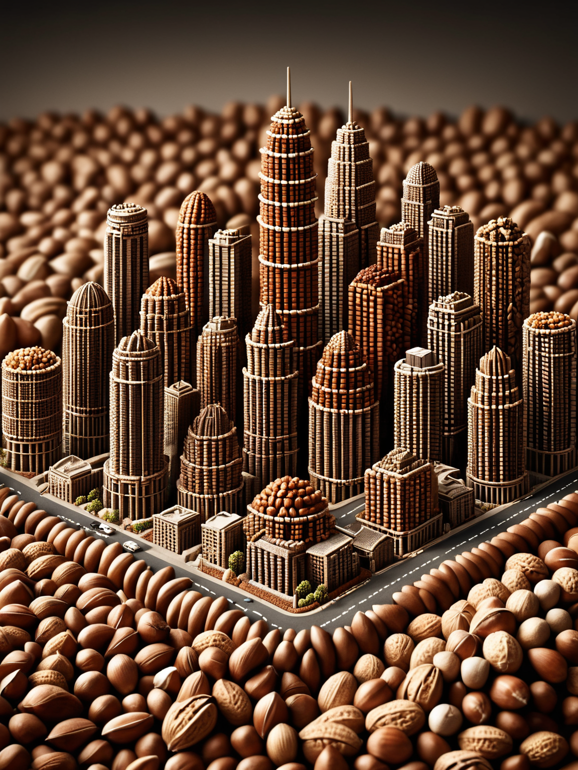 An intricate cityscape where buildings are crafted from ais-nutz, representing the organic growth of urban environments. <lora:Nuts__Seeds_Style_SDXL:1>