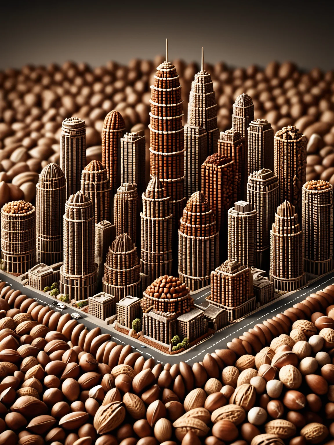 An intricate cityscape where buildings are crafted from ais-nutz, representing the organic growth of urban environments. <lora:Nuts__Seeds_Style_SDXL:1>