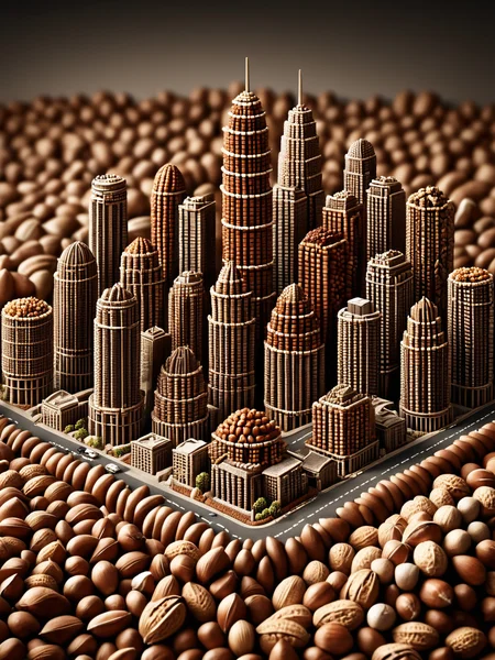 An intricate cityscape where buildings are crafted from ais-nutz, representing the organic growth of urban environments. <lora:Nuts__Seeds_Style_SDXL:1>