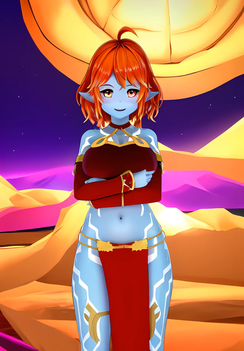 (Photo:1.3), highdetail, <lora:maeve:0.8>, maeve, 1girl, solo, looking at viewer, smile, navel, bare shoulders, standing, ahoge, midriff, orange hair, tattoo, crossed arms, bridal gauntlets, pelvic curtain, blue skin, (masterpiece, best quality, absurdres, detailed, ultra-detailed:1.3), (high details, 8k:1.3)