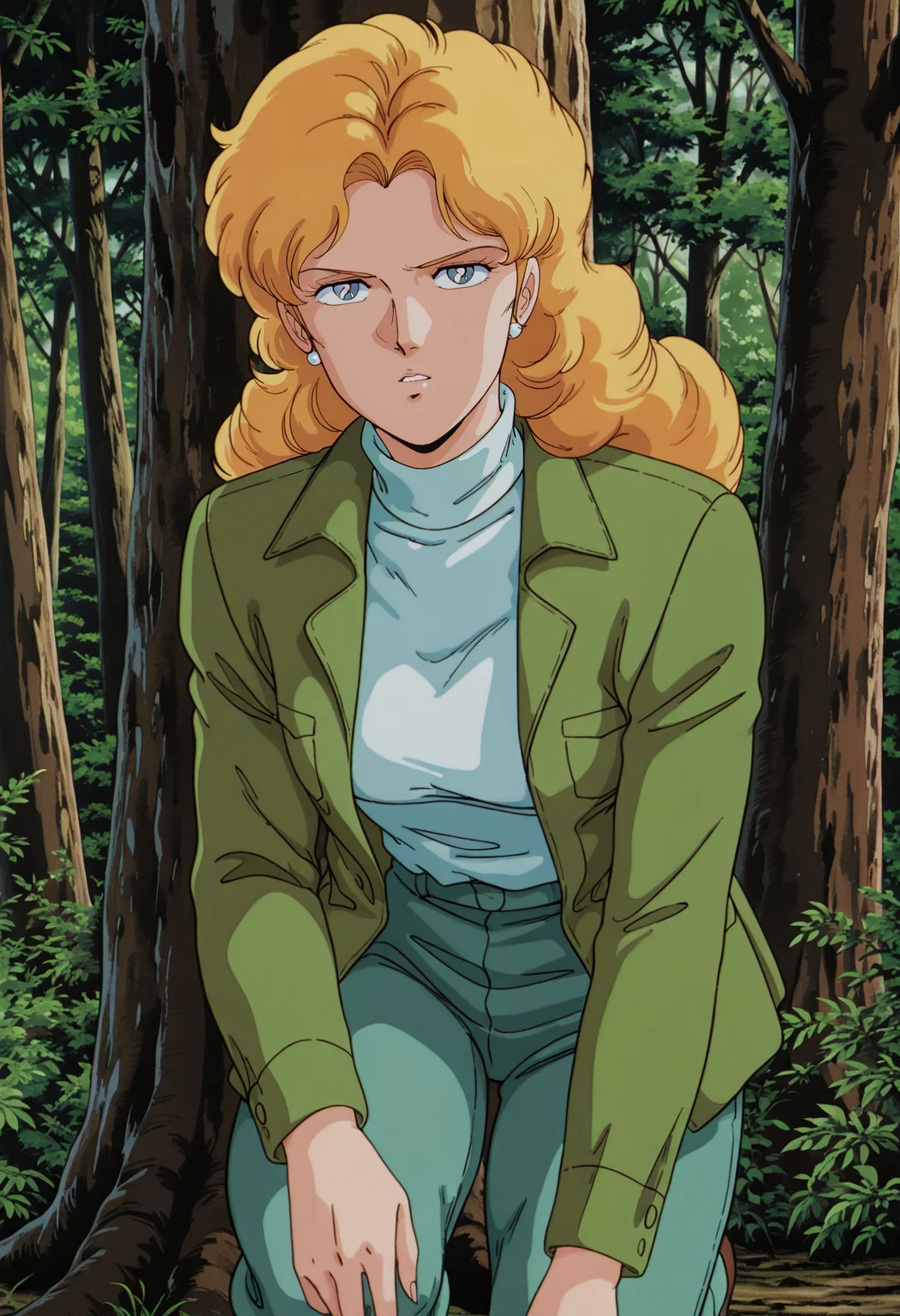 1girl,solo,mm,mature female,long hair,blonde hair,long hair,blue eyes,earrings,anime coloring,retro artstyle,1980s (style),
green jacket,turtleneck,pants,on one knee, tree,nature,serious,parted lips,looking at viewer,
,masterpiece,best quality,amazing quality,<lora:Nadia_Ronah-Gundam_F91:0.8>